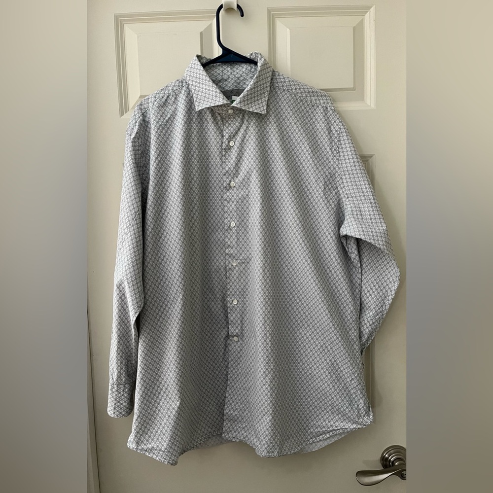 Men’s Canali long sleeve button down geometric pattern gray white shirt 46-18